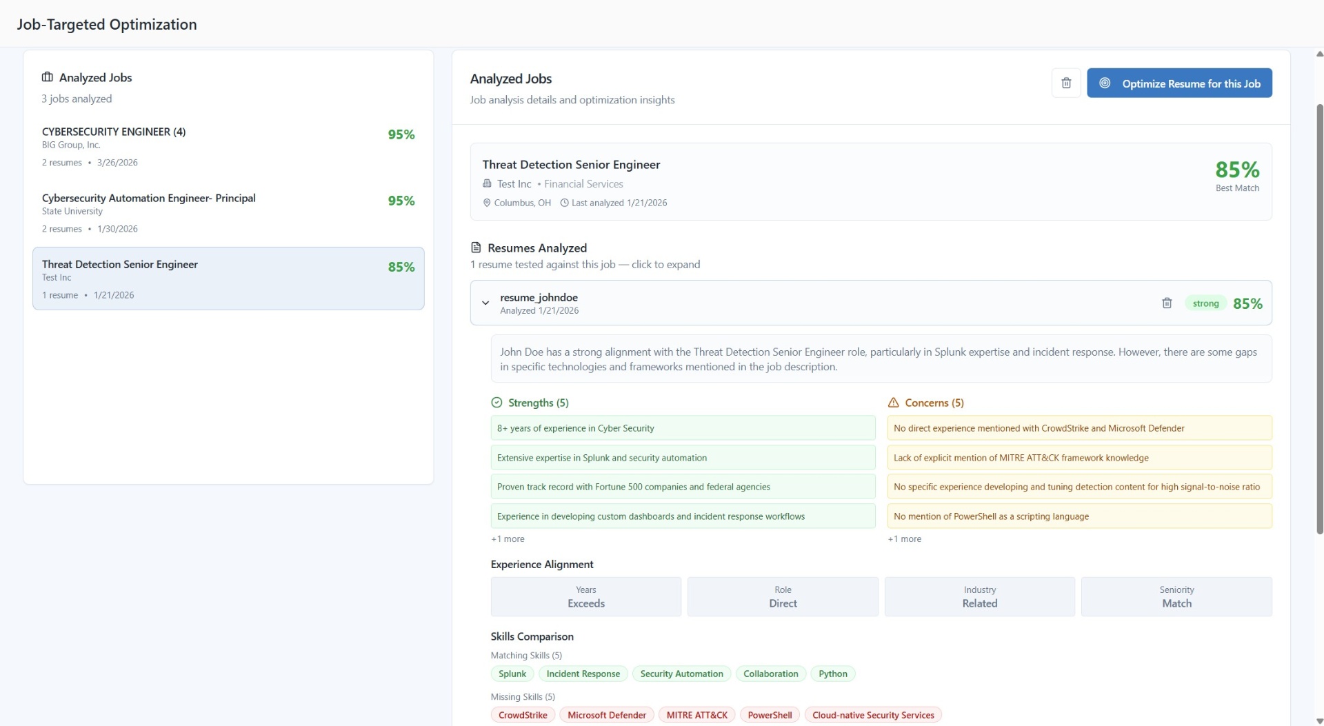 Job-Targeted Optimization — resume-to-job match analysis with skills comparison and experience alignment