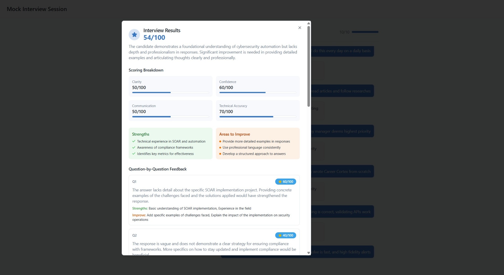 Mock Interview Results — AI-scored practice interview with per-question feedback and improvement areas